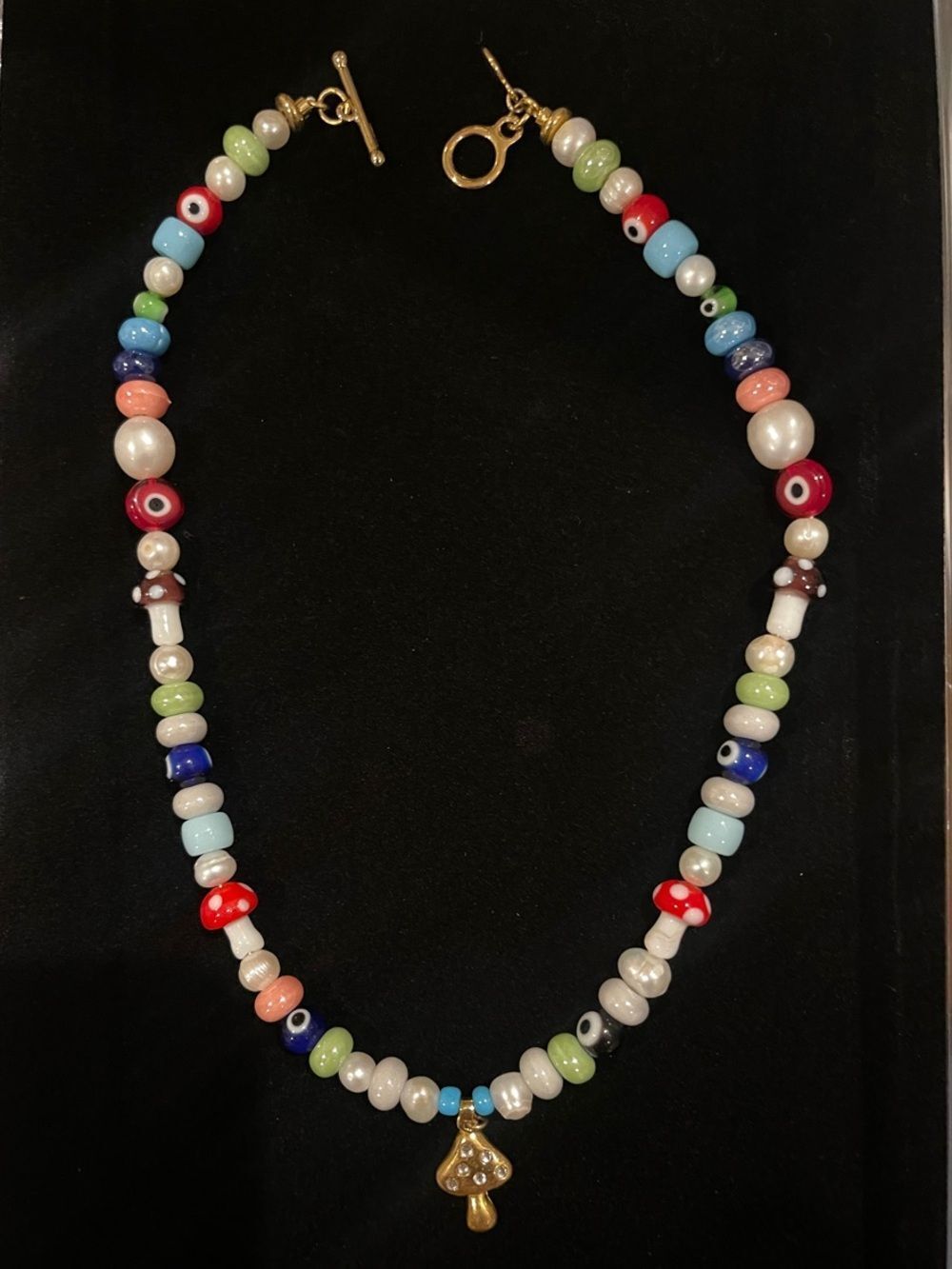 Gold Mushroom Pendant Multicolor Beaded Necklace - Women Jewelry